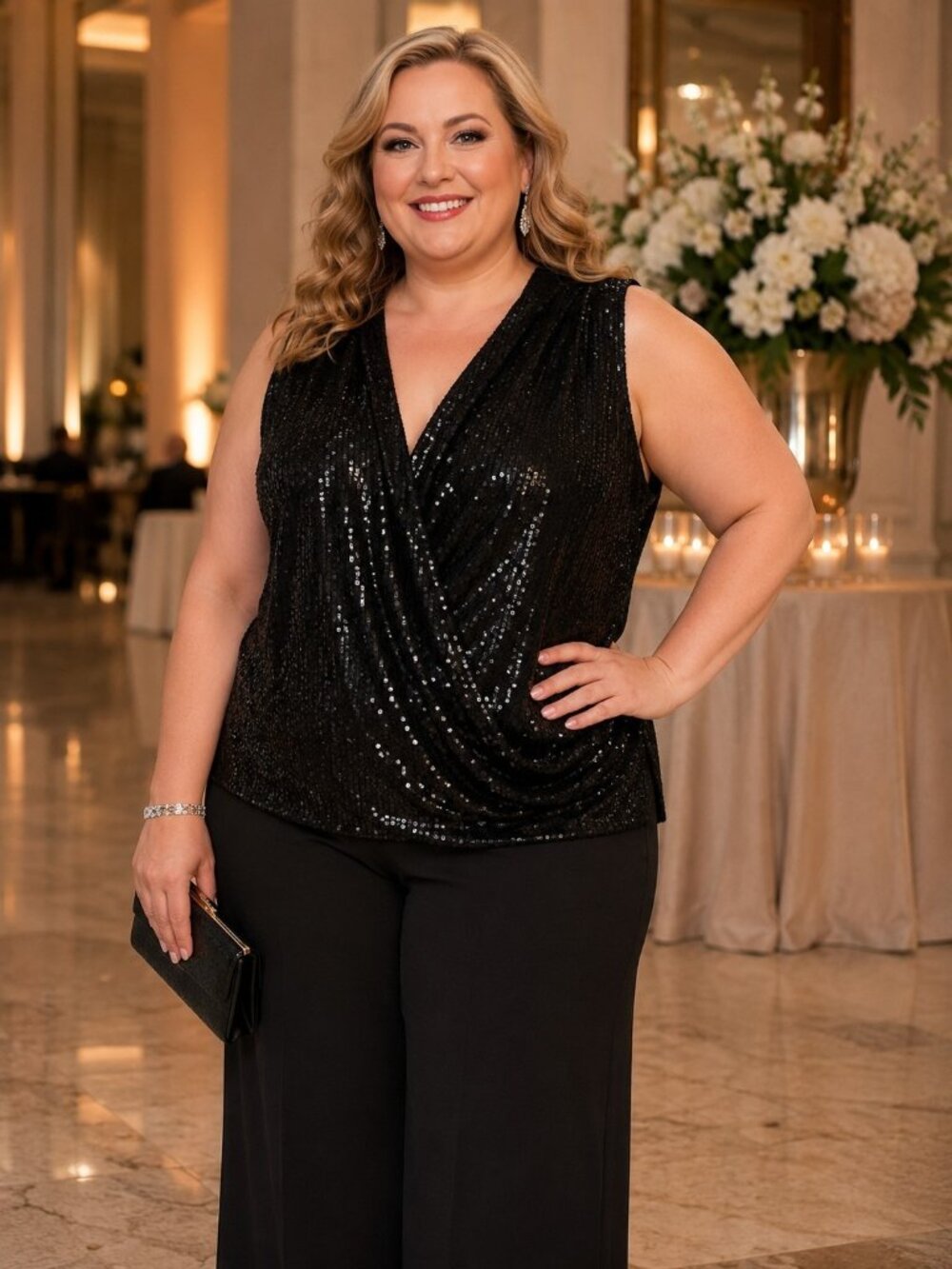 Calvin Klein Women's 3X Black Sequin Wrap Top Plus Size Sleeveless Party